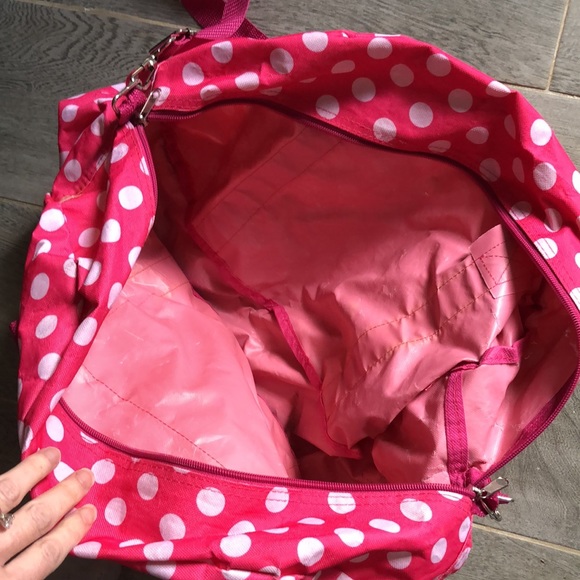 Pink and white polka dot “B” duffle bag with strap and front zipper small pocket - Picture 9 of 16